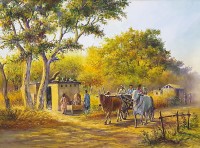 Hanif Shahzad, Village Life, 27 x 36 Inch, Oil on Canvas, Cityscape Painting, AC-HNS-052